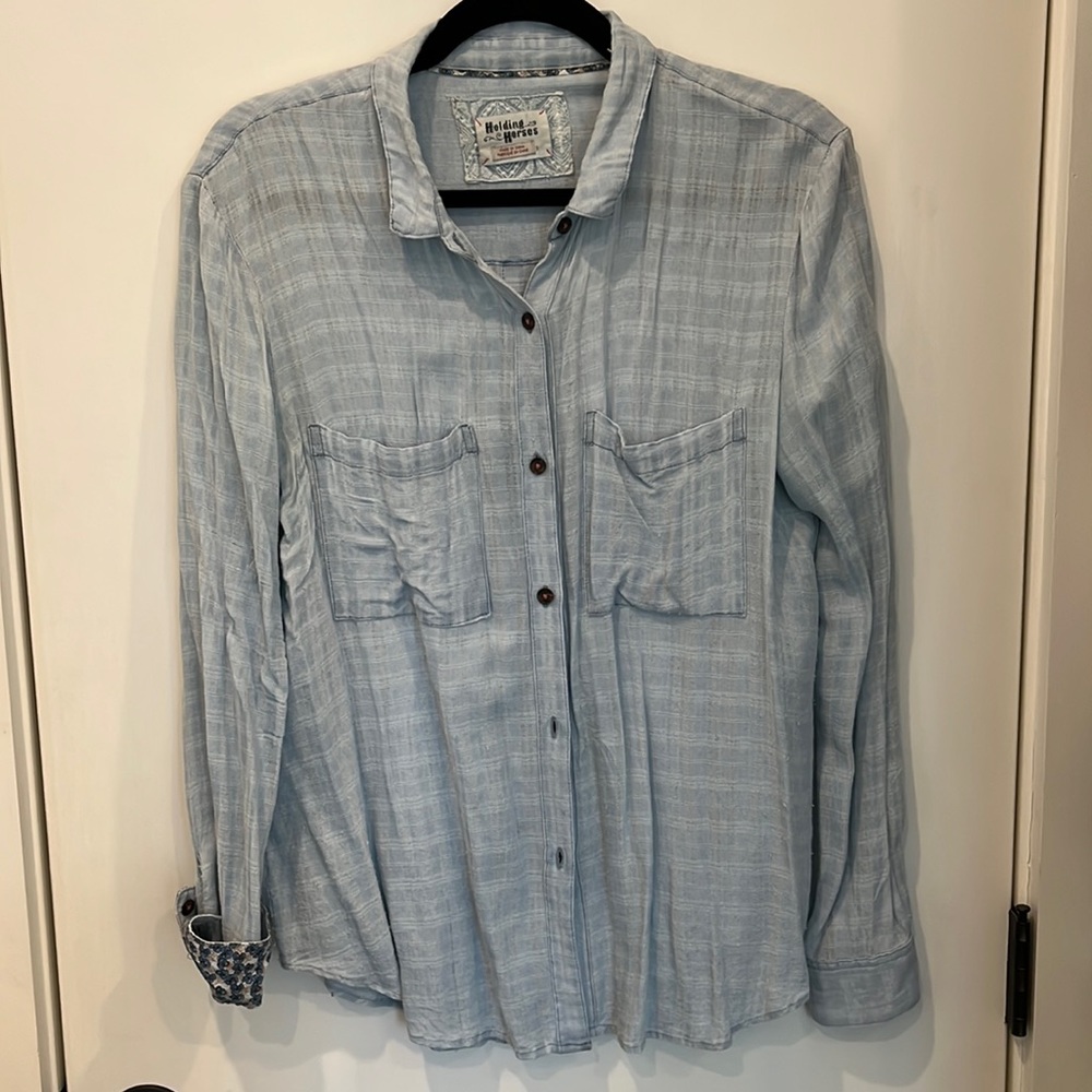 Light blue, linen button down Anthropologie shirt
